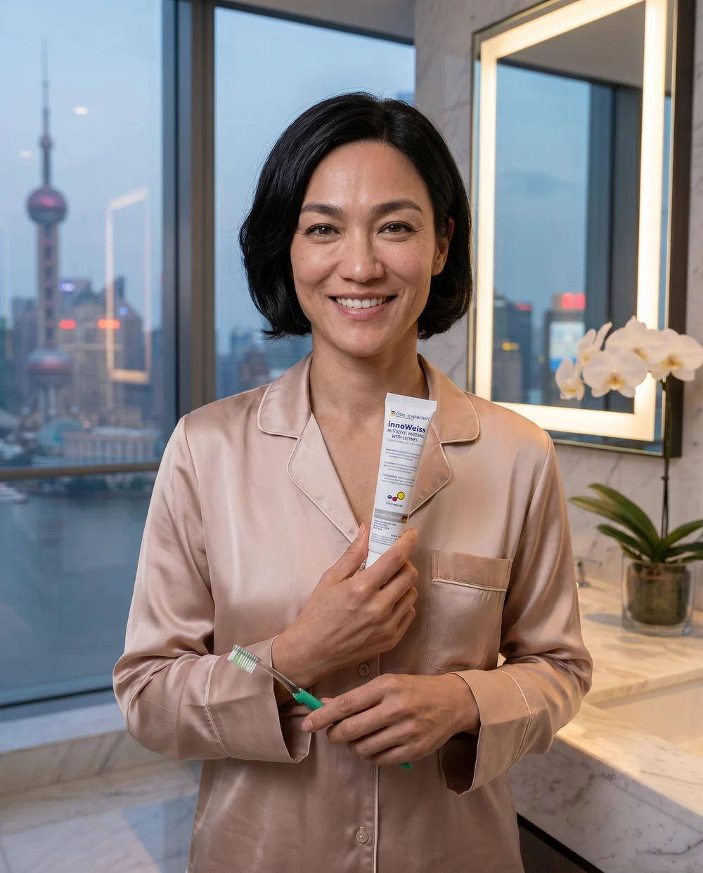 Femme utilisant Das Experten innoWeiss dans une salle de bain à Shanghai