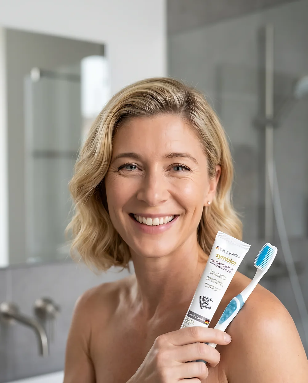 Femme utilisant Das Experten symbios dans une salle de bain à Berlin