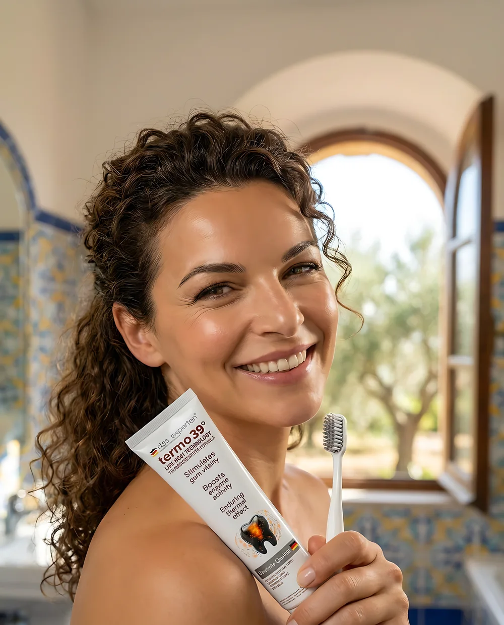 Femme utilisant Das Experten termo 39° dans une salle de bain méditerranéenne